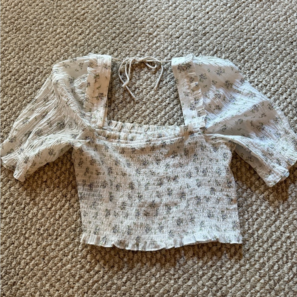 H&M White Floral Smocked Blouse